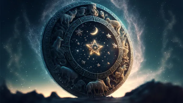 Gökyüzünde duran temsili astroloji haritası, burçlar ve yıldızlar