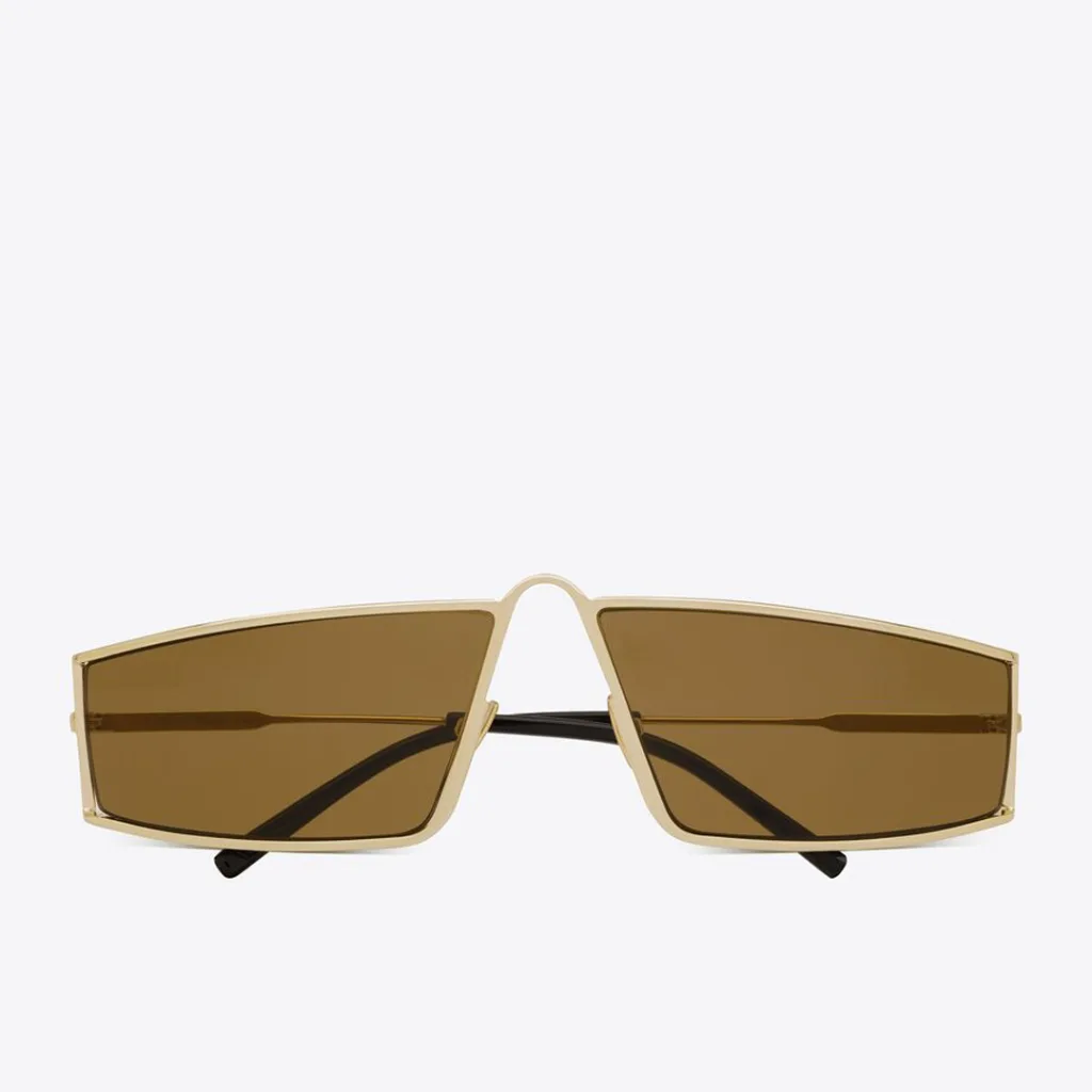 Saint Laurent markasının gold renkli 2023 geometrik çerçeve modasına uygun güneş gözlükleri