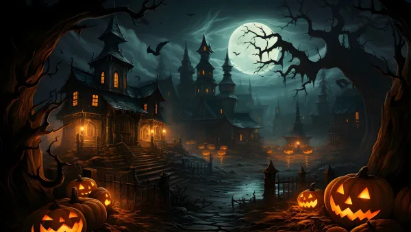 hallowen için süslenmiş bal kabakları ve gizemli şatonun karanlıkta ay ışığındaki görüntüsü