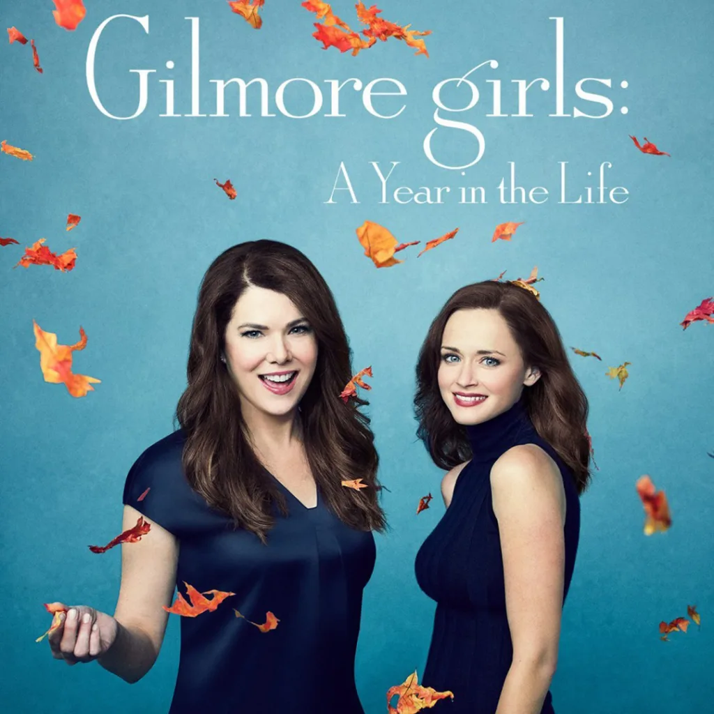 Gilmore girls dizi kapağı, 2 kadın sonbahar yaprakları altında poz veriyor