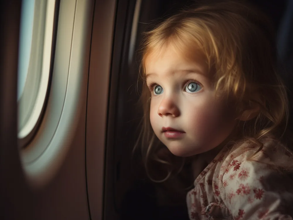 Uçakla yolculuk yapan küçük kız uçak camından gökyüzüne bakıyor