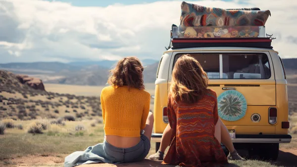 iki kız arkadaş karavanları ile seyahat ediyor
