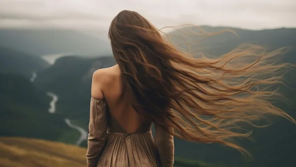 up uzun saçlarıyla arkası dönük kız dağlardan aşağı doğru bakıyor