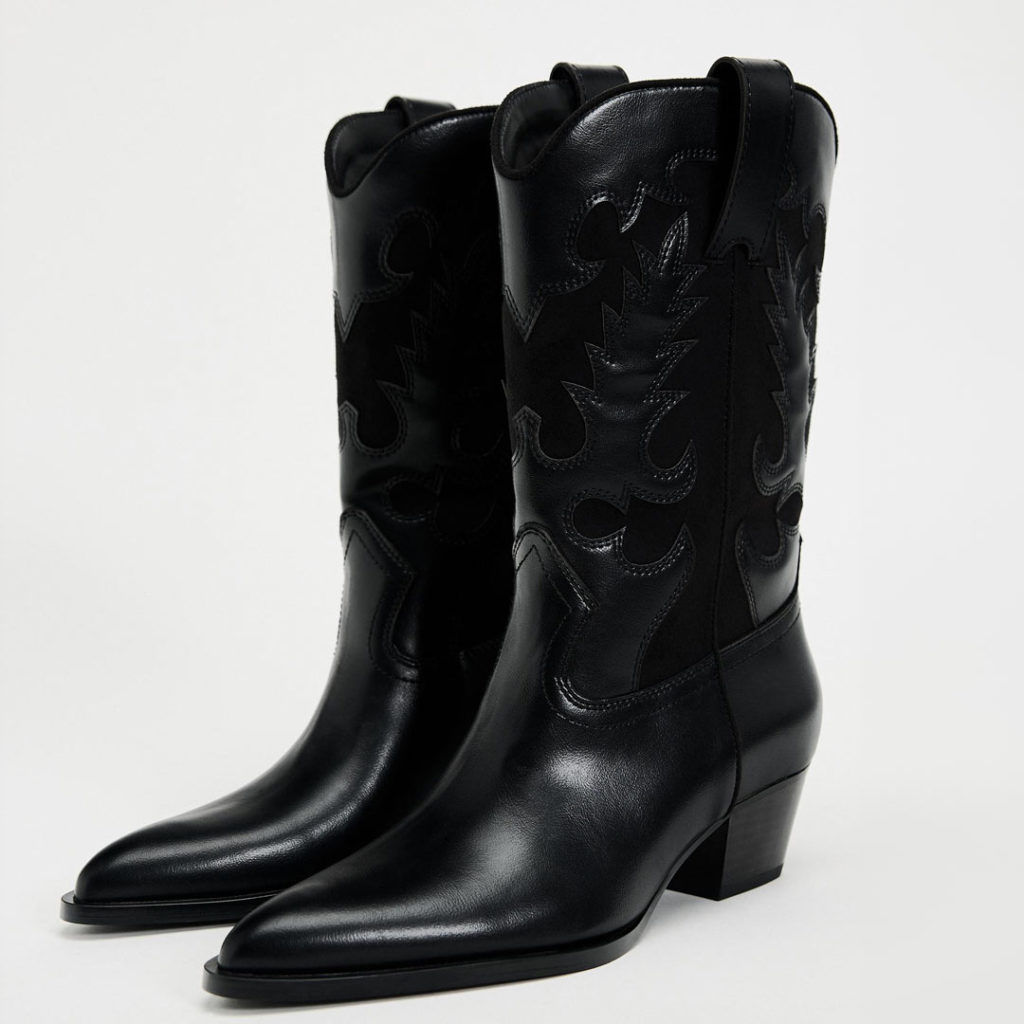 Zara yaz ayakkabı salaş çizme: Siyah deri tabanlı siyah kovboy çizmeleri.