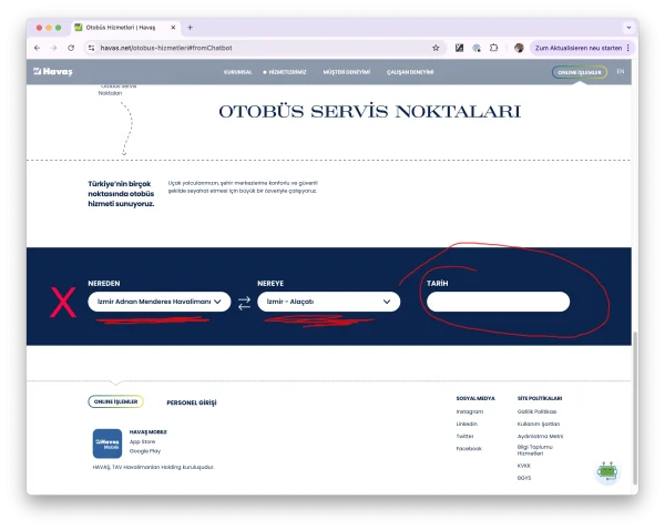 Havas Adnan Menderes Havalimanindan kalkis tarihinini girilen ekran görüntüsü