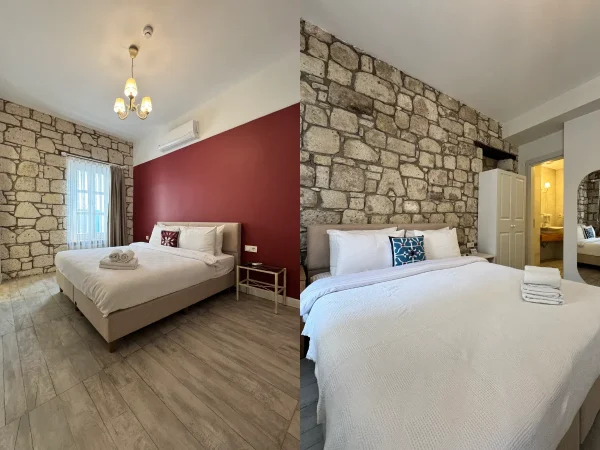 A Photo of one of the rooms and the bathroom of the hotel